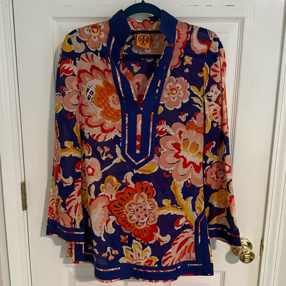 Tory Burch Blouse Size 2 Blue Floral Tunic Top Boho